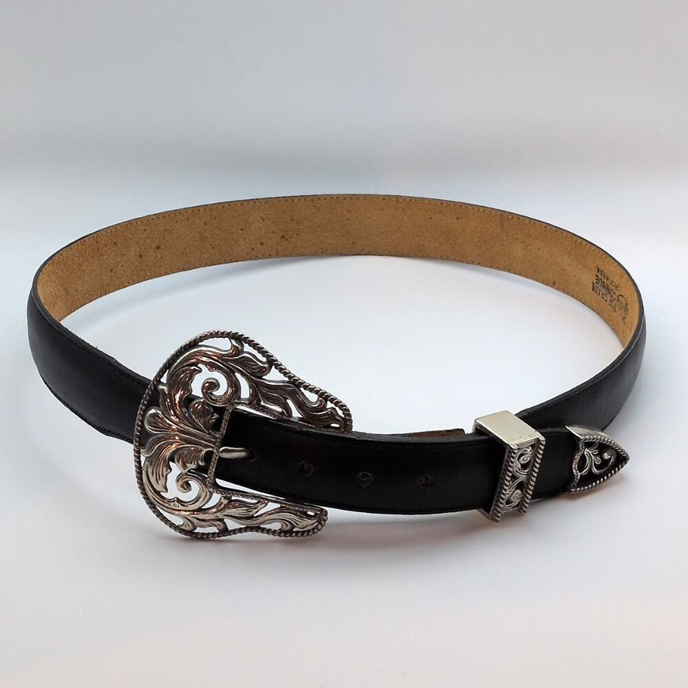 Justin Top Grain Cowhide Western Leather Belt Black Silver Tone Buckle Sz 30
